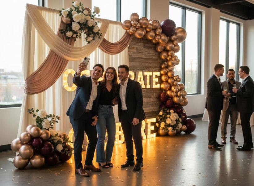 Three friends smiling for a selfie at a party, with a 'CELEBRATE' sign, gold and maroon balloons, and white rose decorations. People taking a selfie at a celebratory event