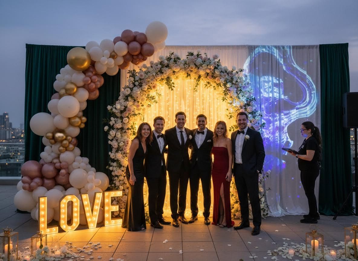 Group Photo at Elegant Rooftop Event