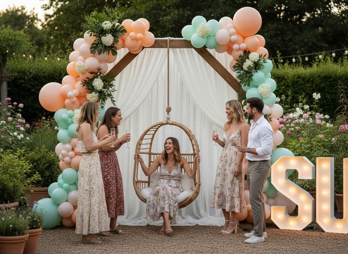 Friends celebrate at an outdoor garden party with balloon arch