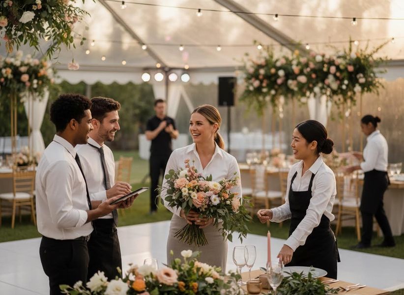 Event Staff Setting Up Elegant Outdoor Wedding Reception