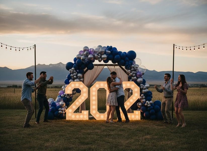 A couple kisses in front of glowing '202' numbers and a balloon arch, surrounded by cheering friends in a field at sunset. Couple kissing in front of illuminated 202 numbers and balloons