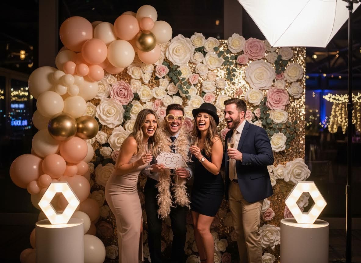 Friends Posing at a Festive Photobooth