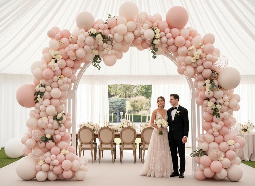 A smiling bride and groom stand under a large pink and white balloon arch with white flowers at their elegant wedding reception. Wedding Couple Under Balloon Arch