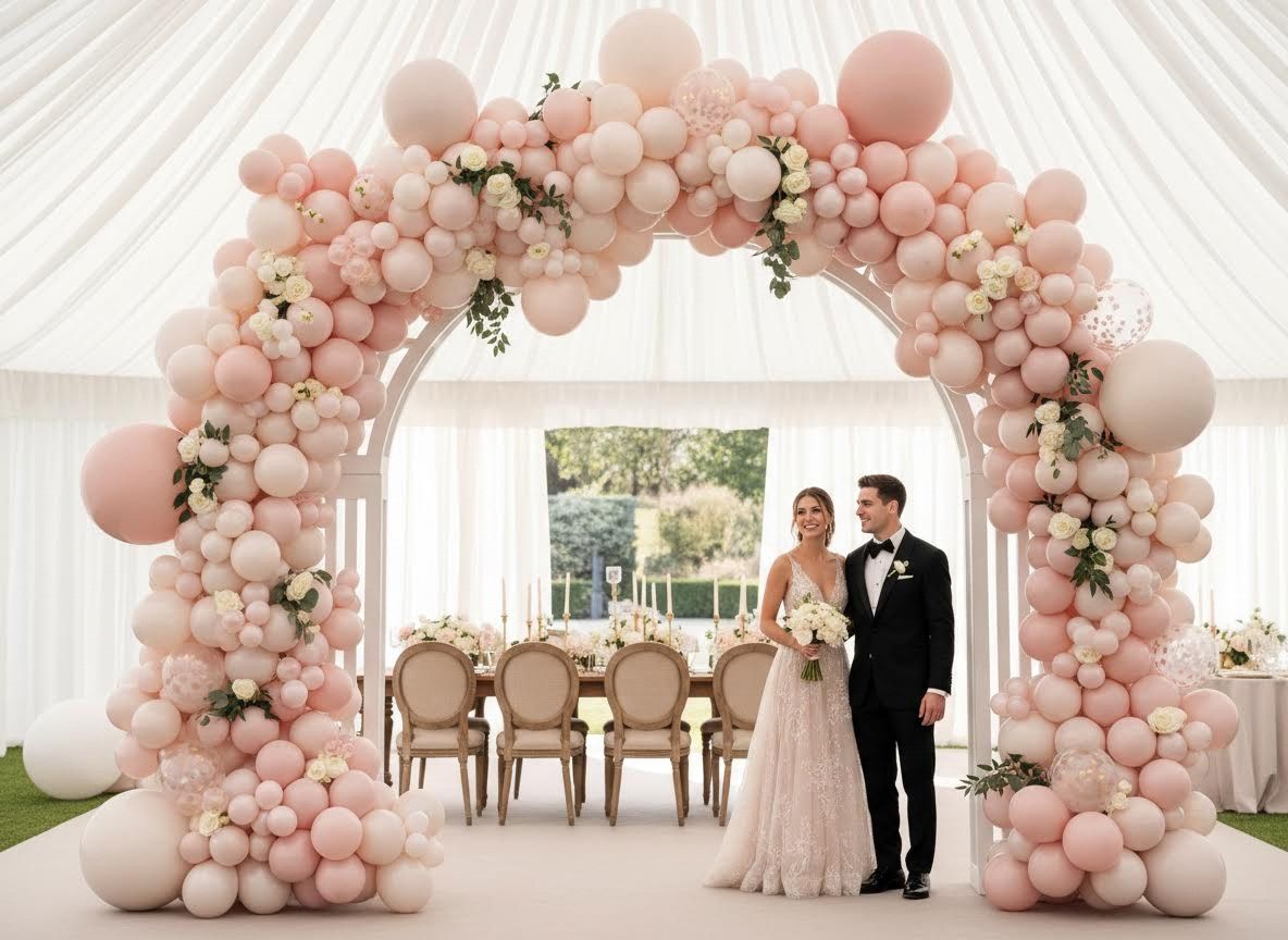 Wedding Couple Under Balloon Arch