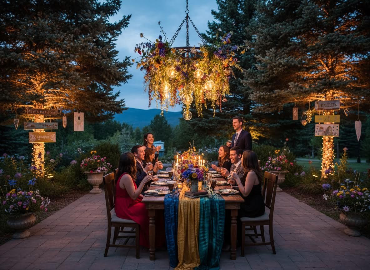 Friends Dining Outdoors Under a Floral Chandelier at Dusk