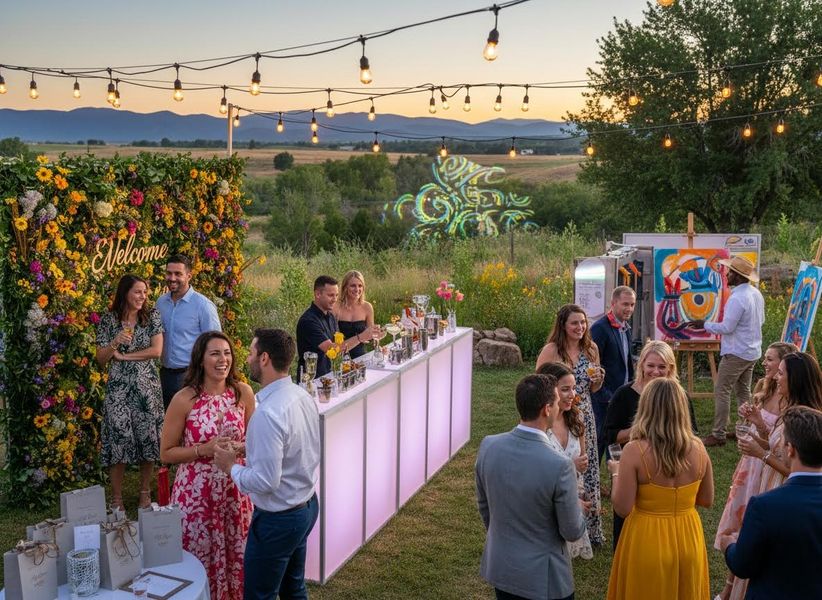 Outdoor Evening Event with Illuminated Bar and Live Artist