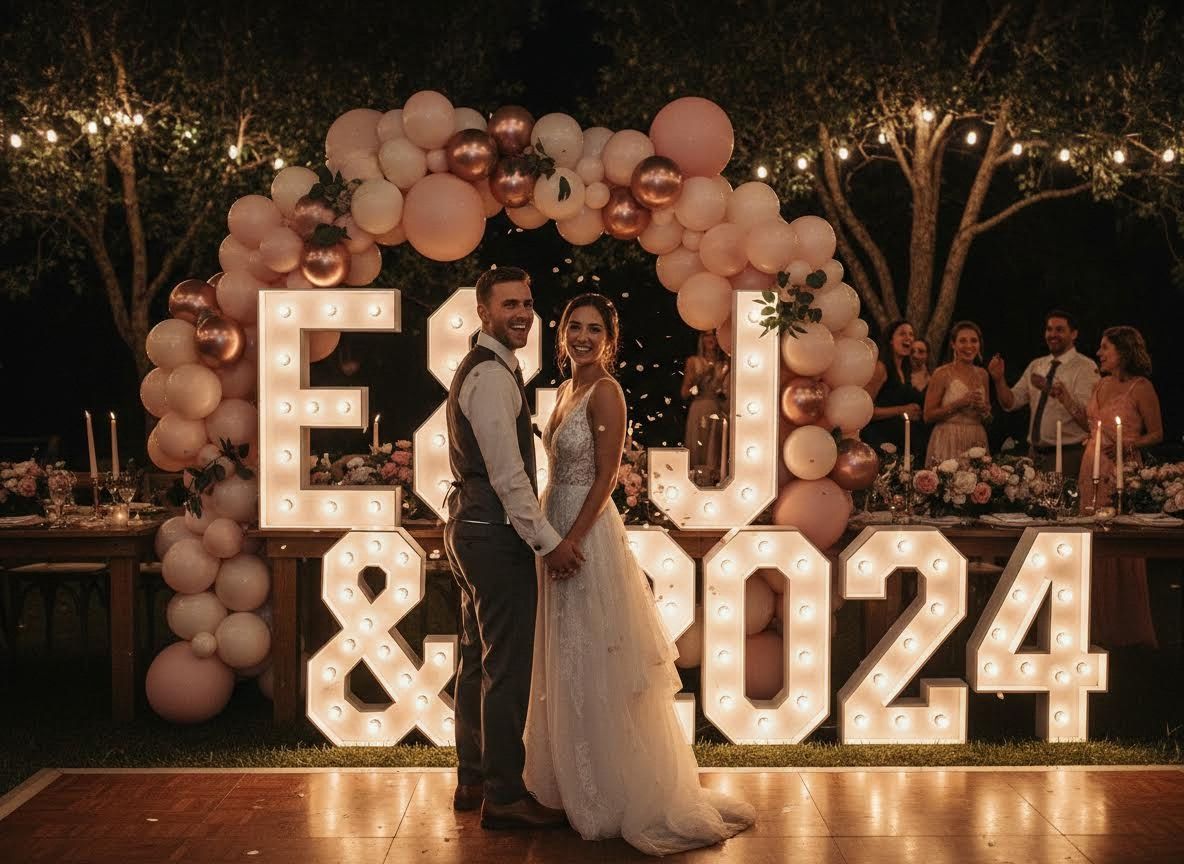 Wedding couple with illuminated 'E & J' and '2024' marquee signs at reception