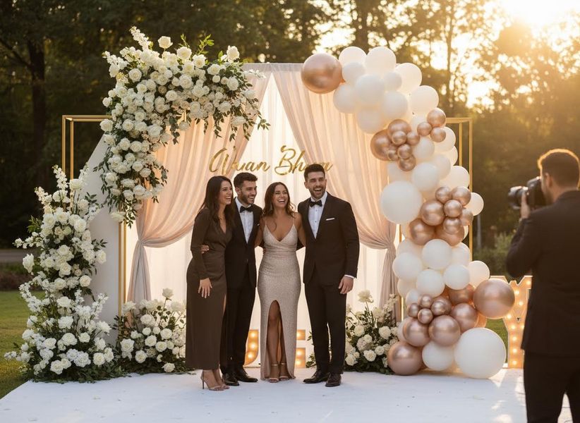 Four happy friends in formal attire pose at an outdoor event against a floral and balloon arch as a photographer takes their picture. Friends posing at a formal outdoor event with elegant decorations
