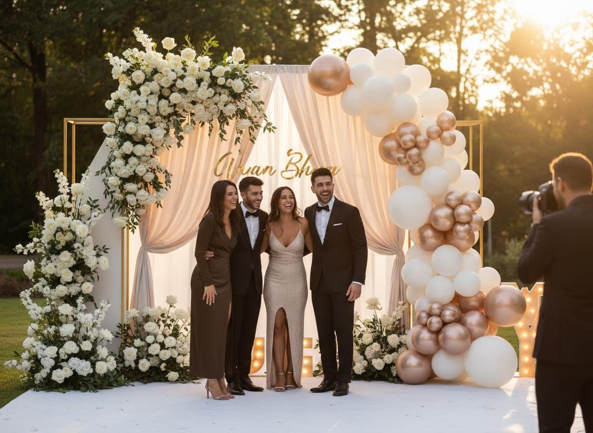 Friends posing at a formal outdoor event with elegant decorations