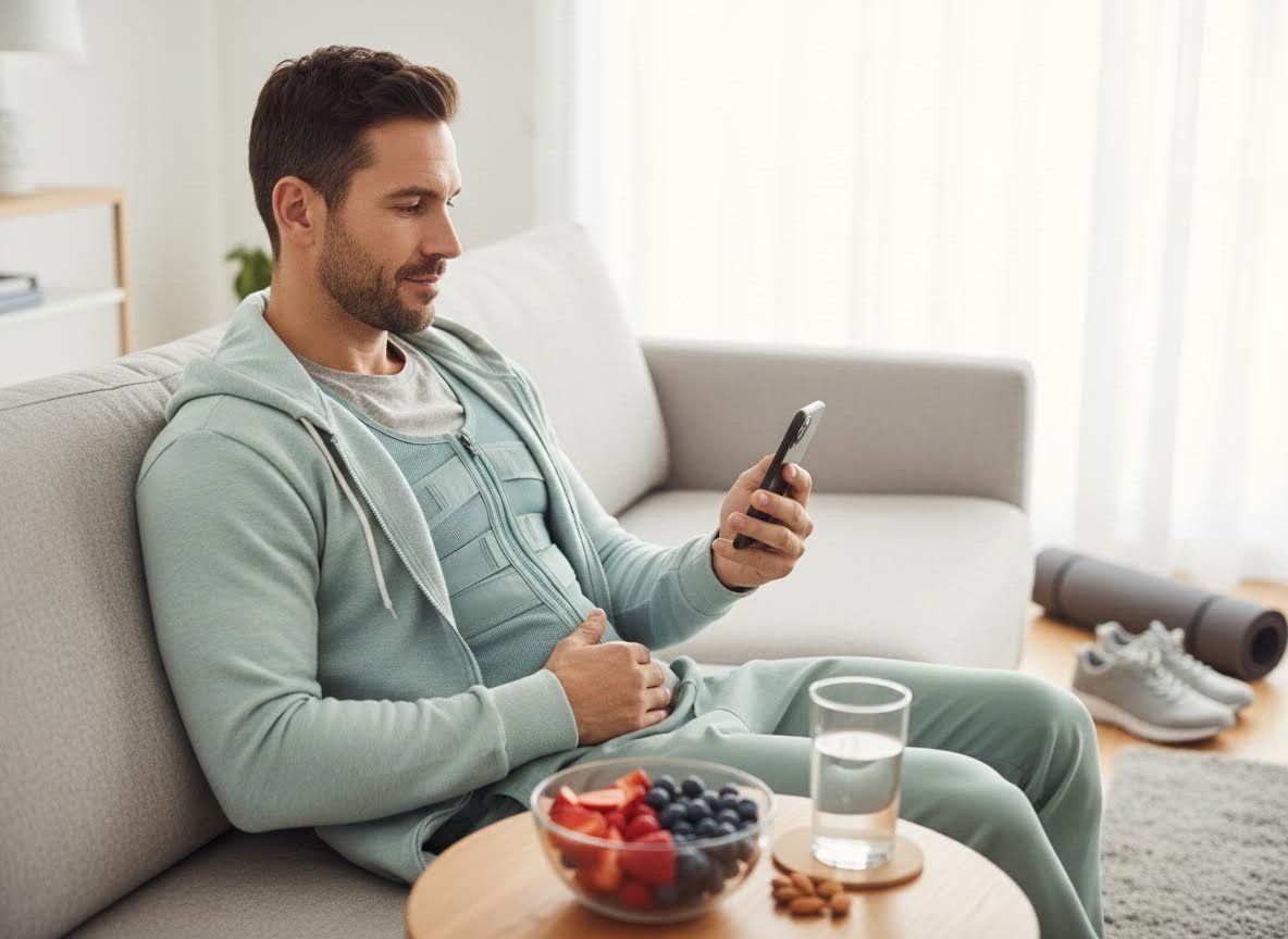 Man relaxing on a couch with phone, healthy snacks, and fitness gear