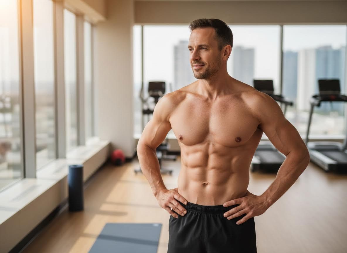 Muscular man posing confidently in a modern gym