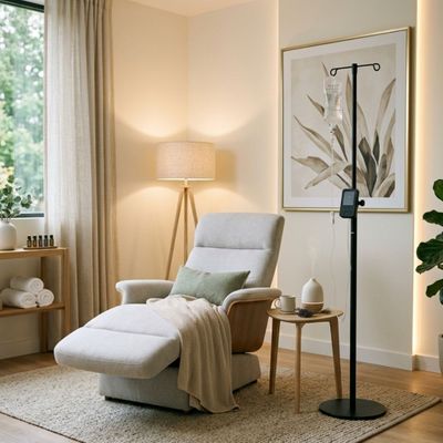 Peaceful modern wellness therapy room with a treatment chair.