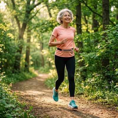 Healthy older adult jogging gracefully on a sunlit nature trail.