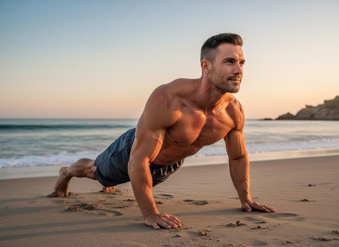 Muscular Man Exercising on Beach at Sunset