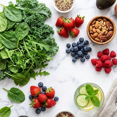 Vibrant arrangement of fresh whole foods and berries on marble.