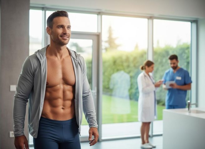 A smiling, muscular man with a visible six-pack wears an open grey hoodie and blue shorts. Two blurred doctors discuss in the background. Fit man in athletic wear inside a medical clinic
