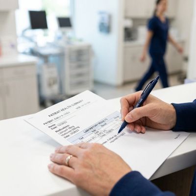 Medical professional reviewing health charts on a clean desk.