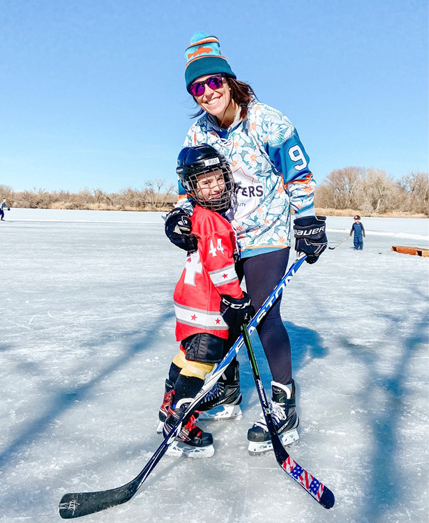 Meghan playing pond hockey 