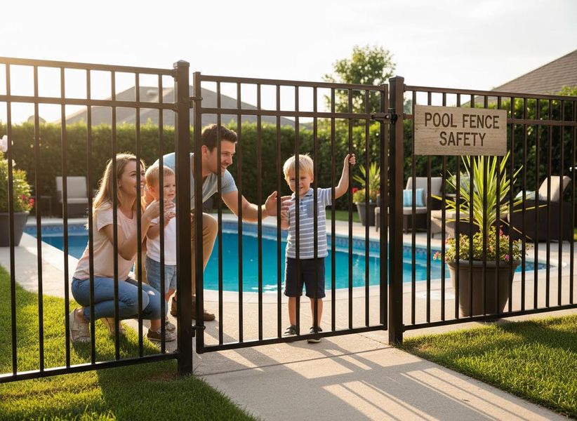 Family by a pool with a black safety fence