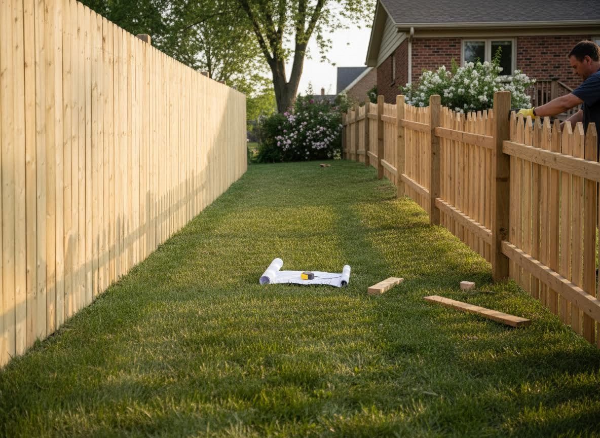Backyard wooden fence installation with construction plans