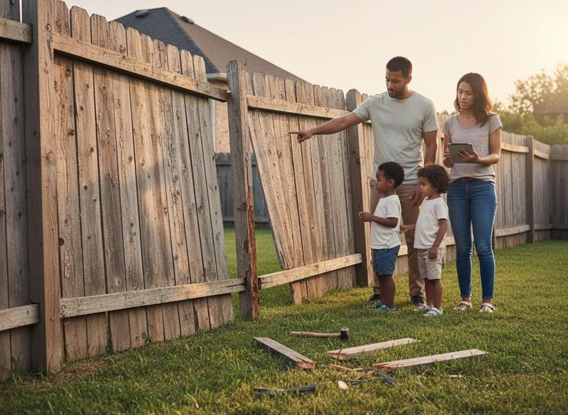 Family assessing damaged backyard fence for repair