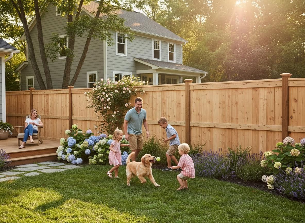 Family playing with their dog in a sunny backyard
