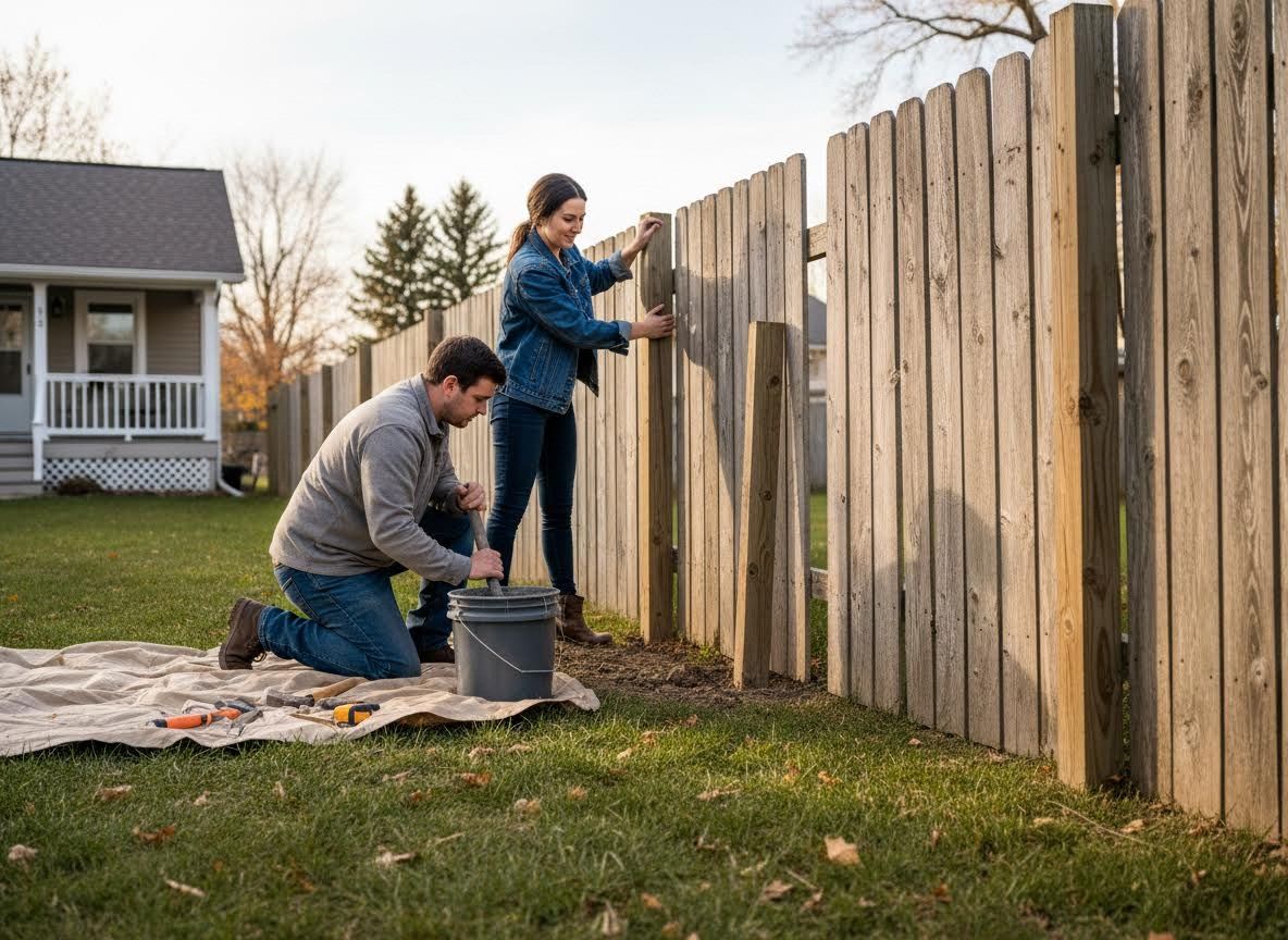 Couple building a wooden fence in their backyard