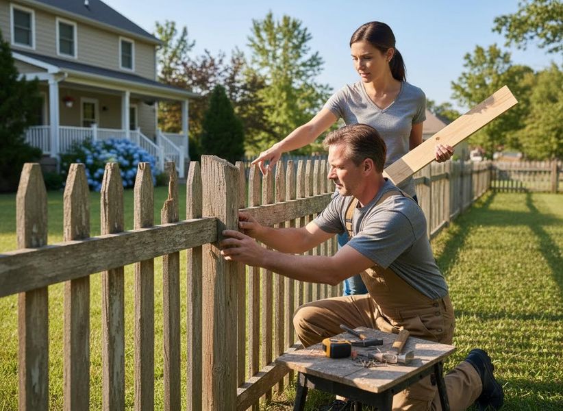 Man and woman repairing wooden backyard fence