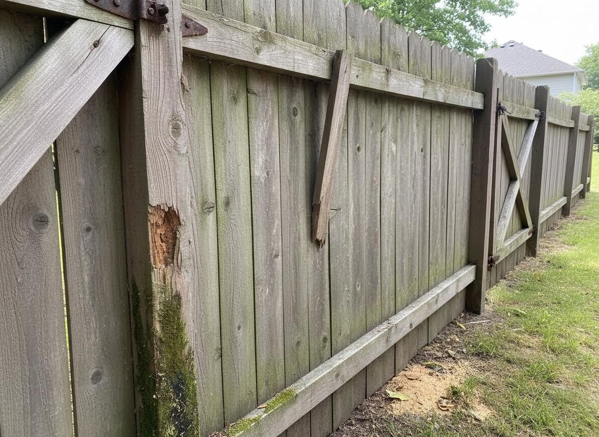 Damaged Wooden Fence with Rotted Post and Broken Support