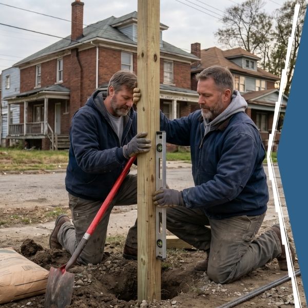 Men installing a fence post