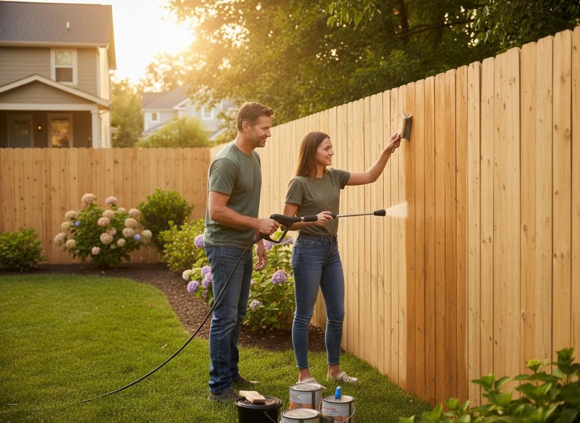 Couple power washing and staining a wooden fence