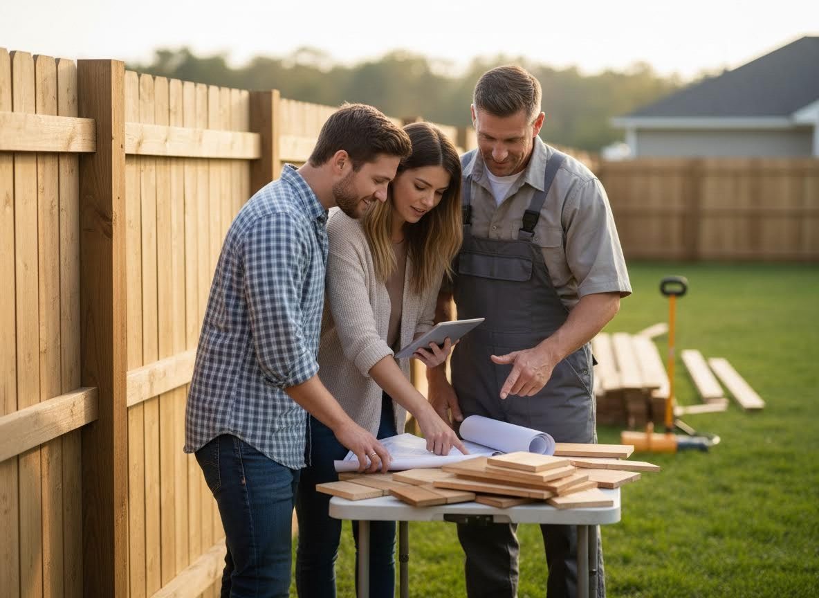 Homeowners and Contractor Reviewing Backyard Project Plans