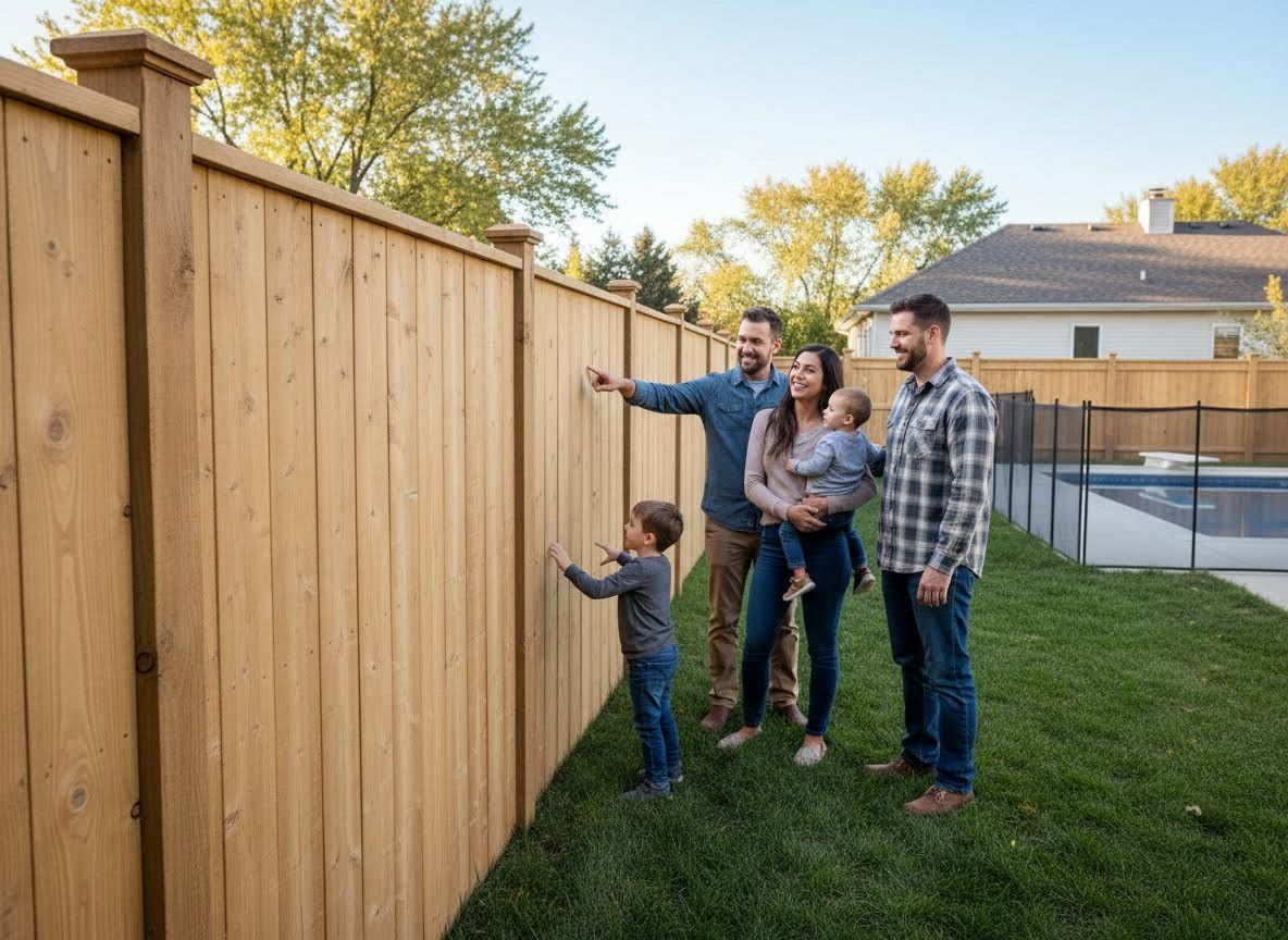 Happy family admiring a new wooden privacy fence in their backyard