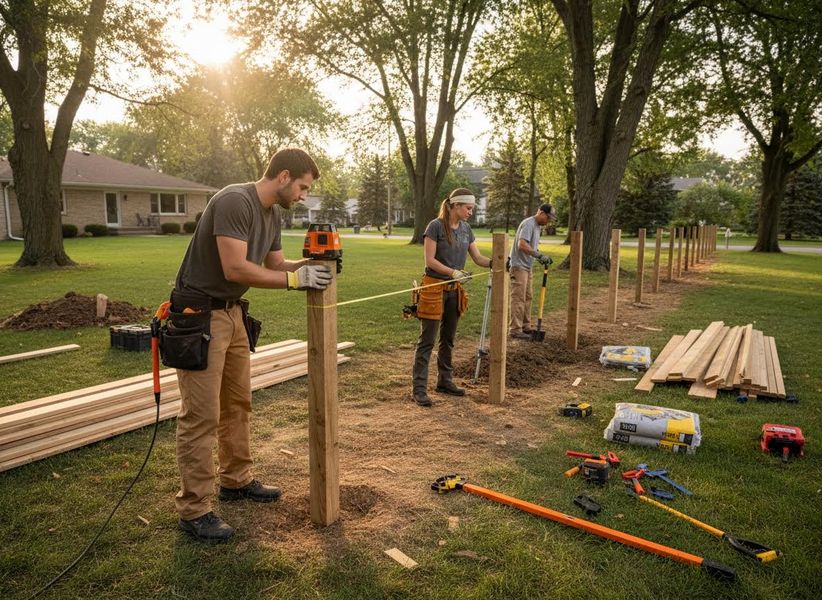 Three construction workers installing a fence in a backyard