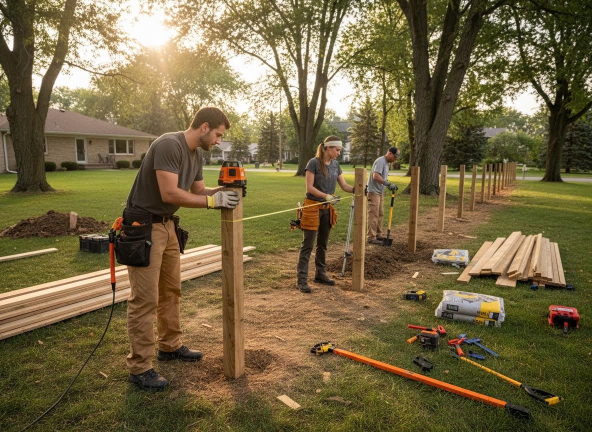 Three construction workers installing a fence in a backyard