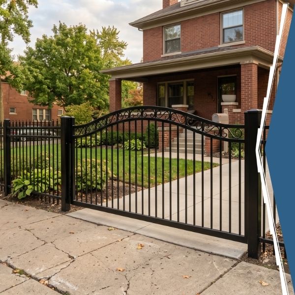 Gate leading into the property of a brick building
