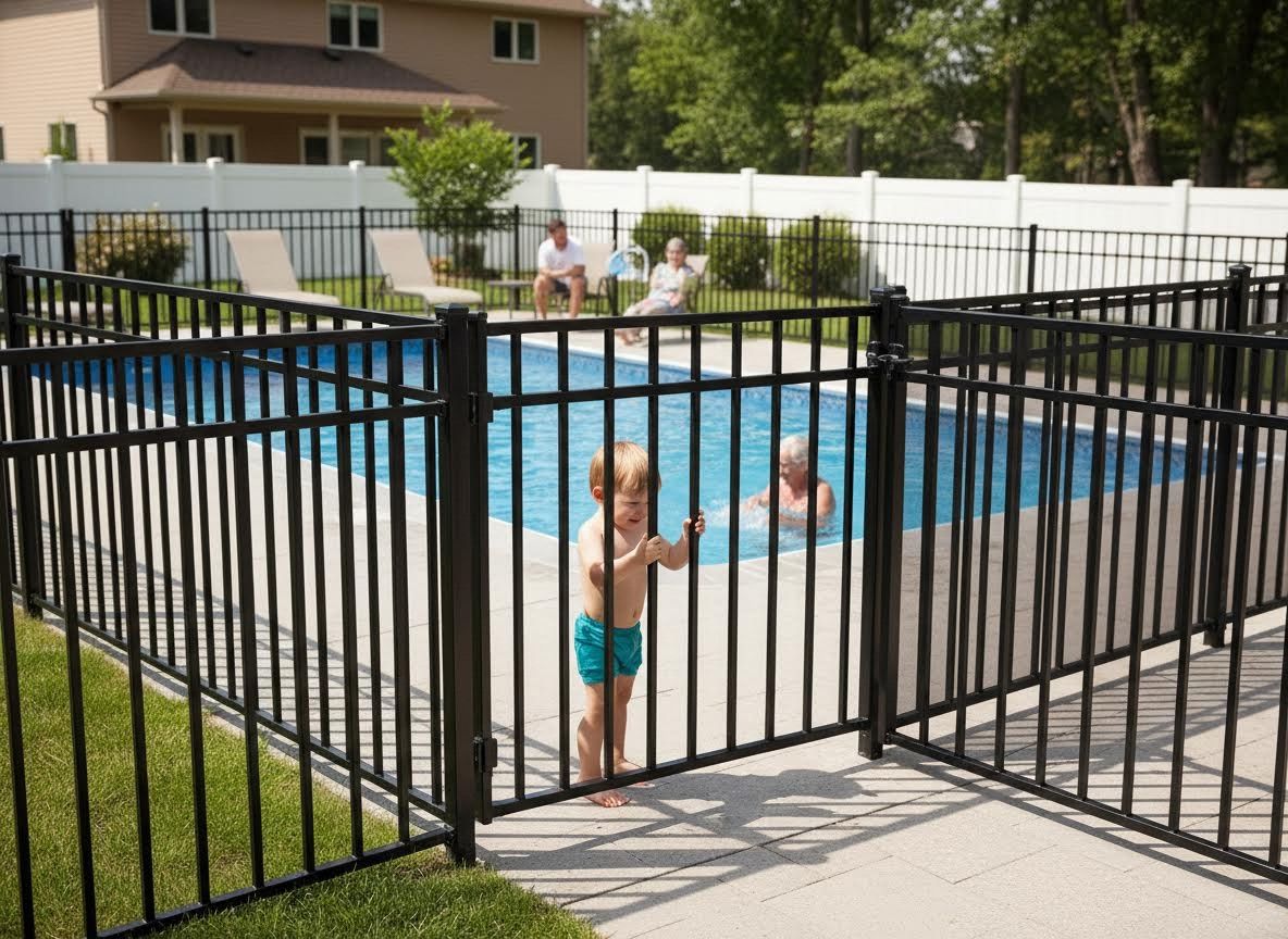 Toddler safely behind pool fence