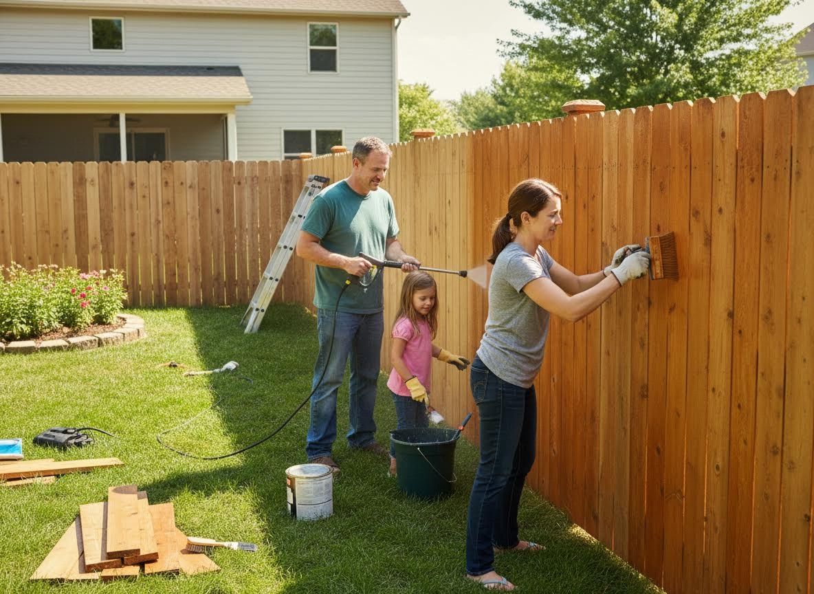 Family Staining Wooden Backyard Fence