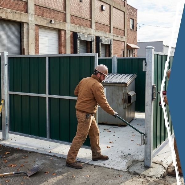 Man closing a green dumpster gate