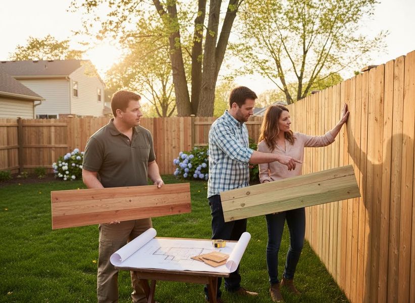 Three people planning a backyard fence project