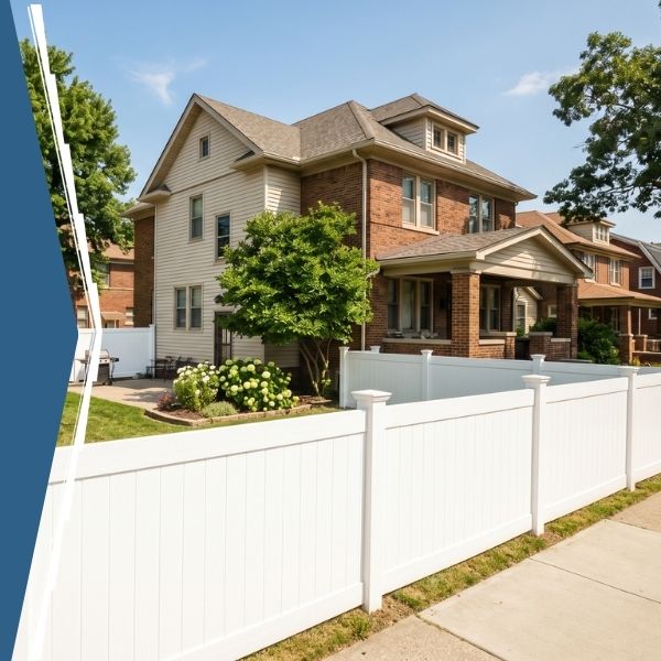 Home with a white vinyl fence