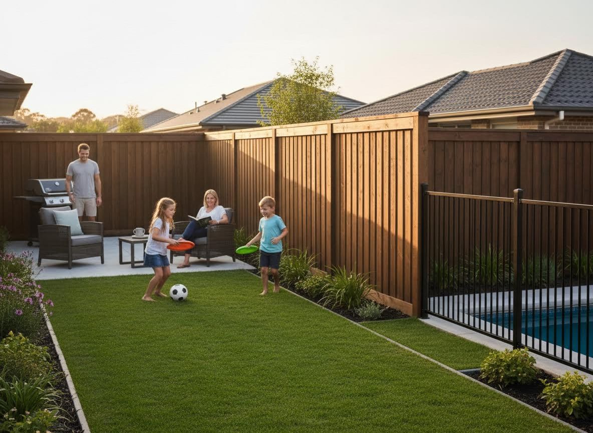 Family enjoying backyard with artificial turf and pool