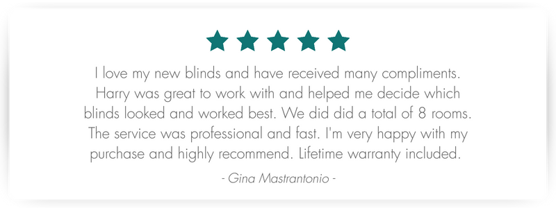 A five-star testimonial from Gina Mastrantonio praising the professional and fast service, and the help from Harry, noting that they completed 8 rooms with a lifetime warranty.