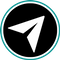a graphic icon of a white paper airplane in a black circle with a blue outline, used to symbolize sending a message. a graphic icon of a white paper airplane in a black circle with a blue outline, used to symbolize sending a message.
