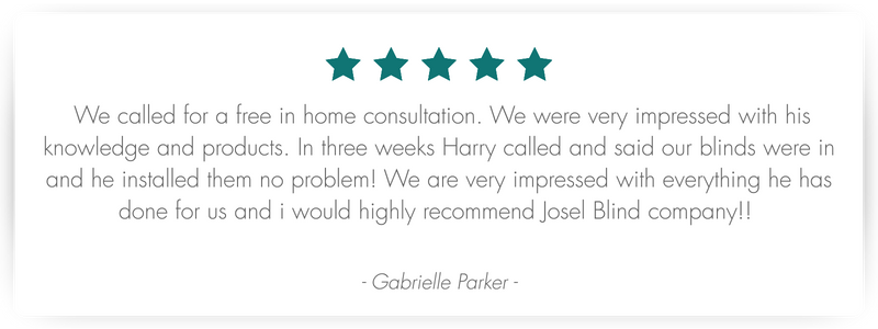 A five-star testimonial from Gabrielle Parker praising the knowledge and products of the company, specifically mentioning the quick and professional installation by Harry.