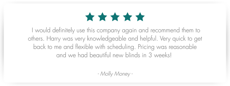 A five-star testimonial from Molly Money, praising Harry as knowledgeable, helpful, and flexible with scheduling, and noting that she received beautiful blinds in three weeks.