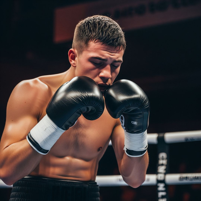 A person in a focused, meditative state, taking a deep breath between rounds of boxing A person in a focused, meditative state, taking a deep breath between rounds of boxing