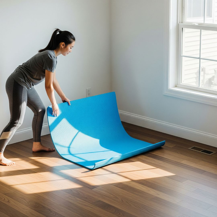 A person laying down a rubber mat