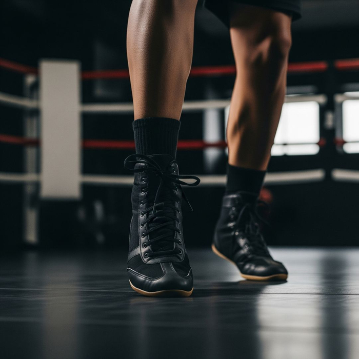 A close-up on a person's feet, showing proper boxing footwork