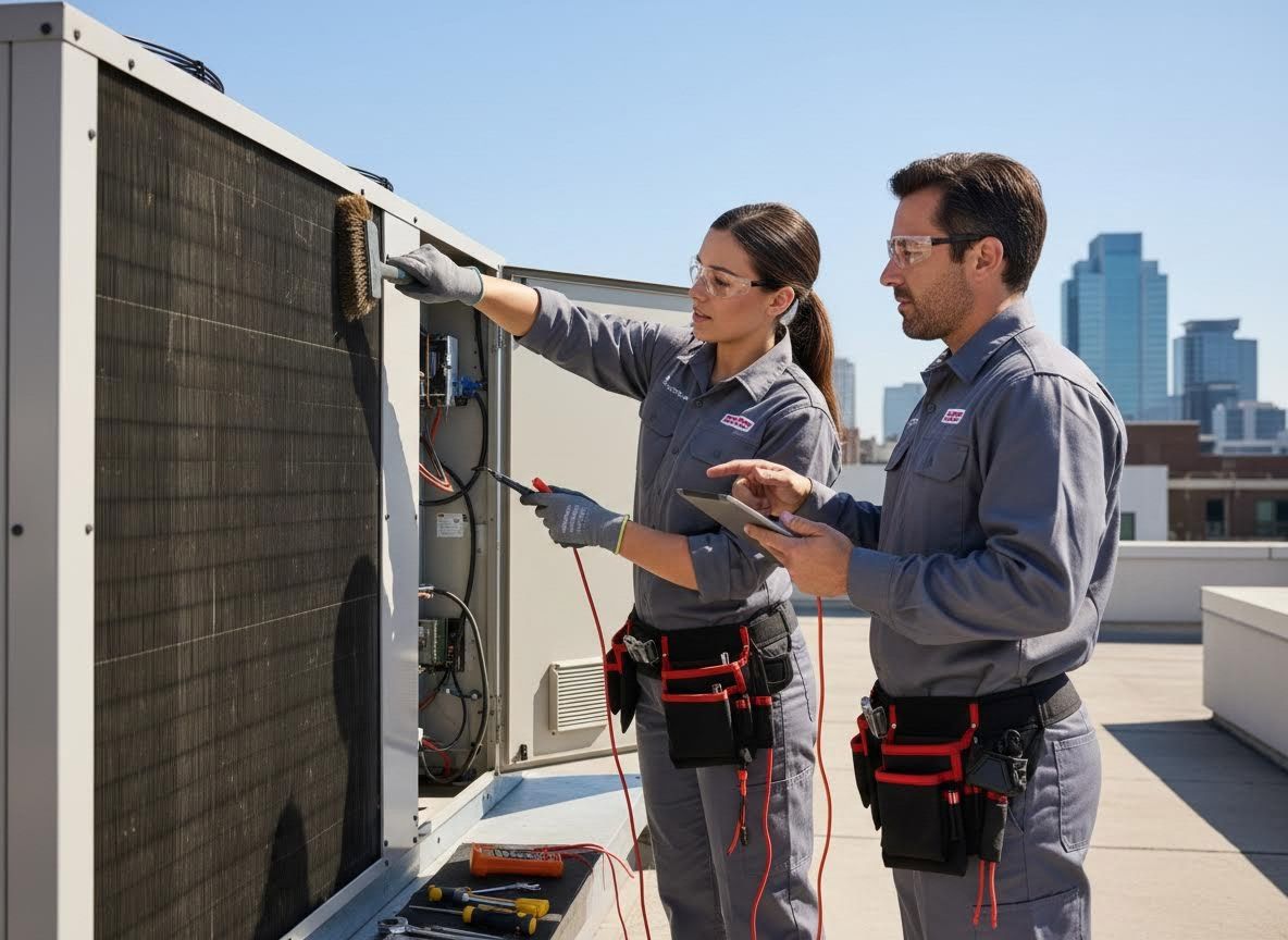 HVAC Technicians Servicing a Rooftop Unit